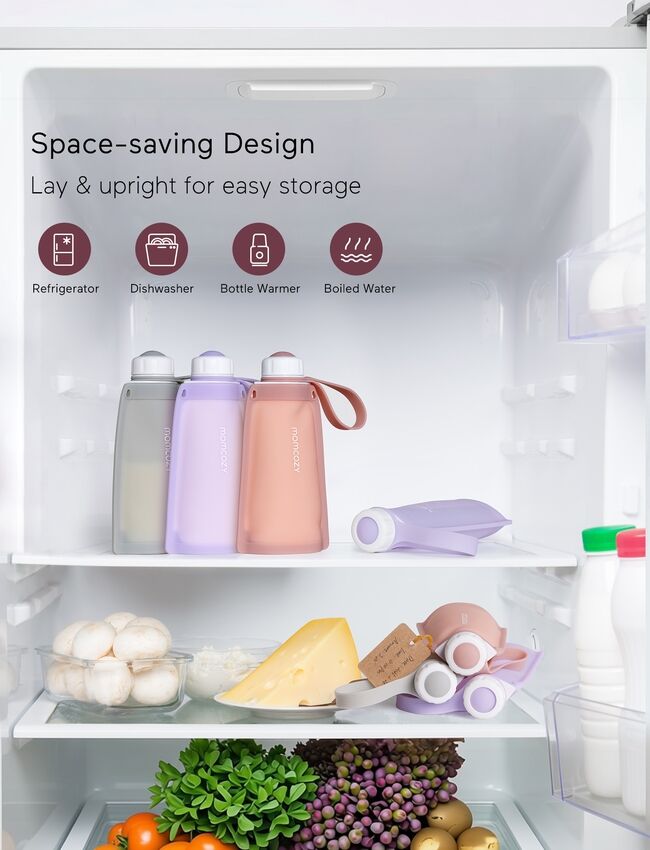 Momcozy Silikon 5 stk Gjenbrukbare Melkeoppbevaringsposer Grå